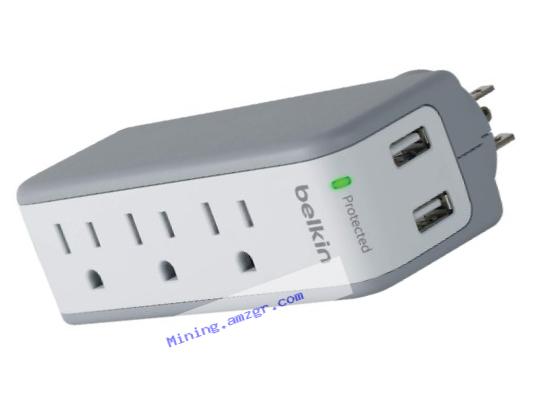 Belkin 3-Outlet SurgePlus Mini Travel Swivel Charger Surge Protector with Dual USB Ports (2.1 AMP / 10 Watt), BST300